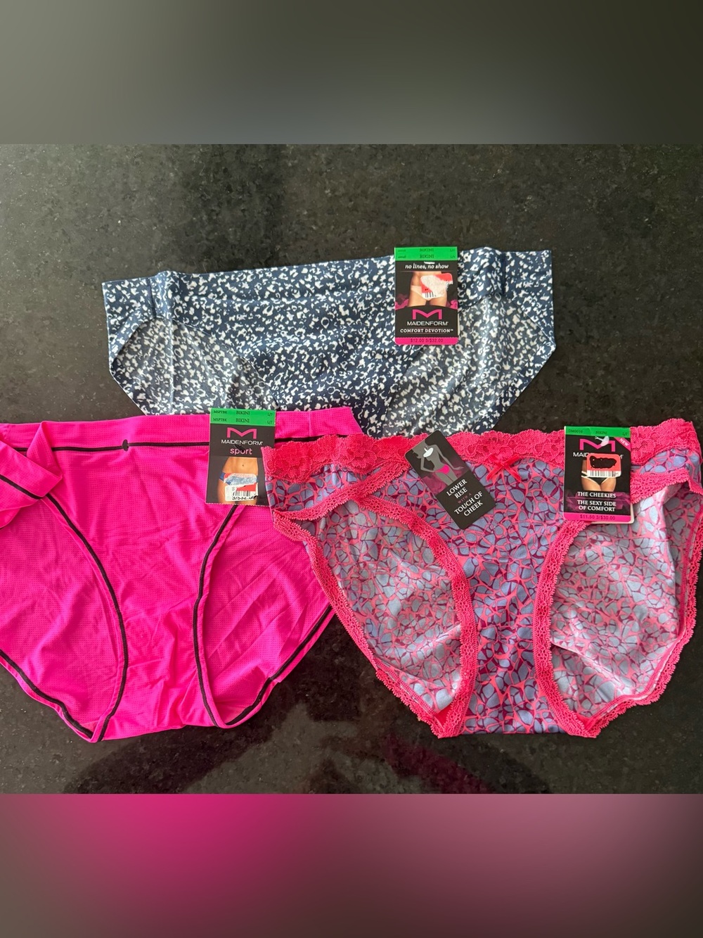 Maidenform Three-Pack Briefs in Blue Pattern, Hot Pink & Pink Lace